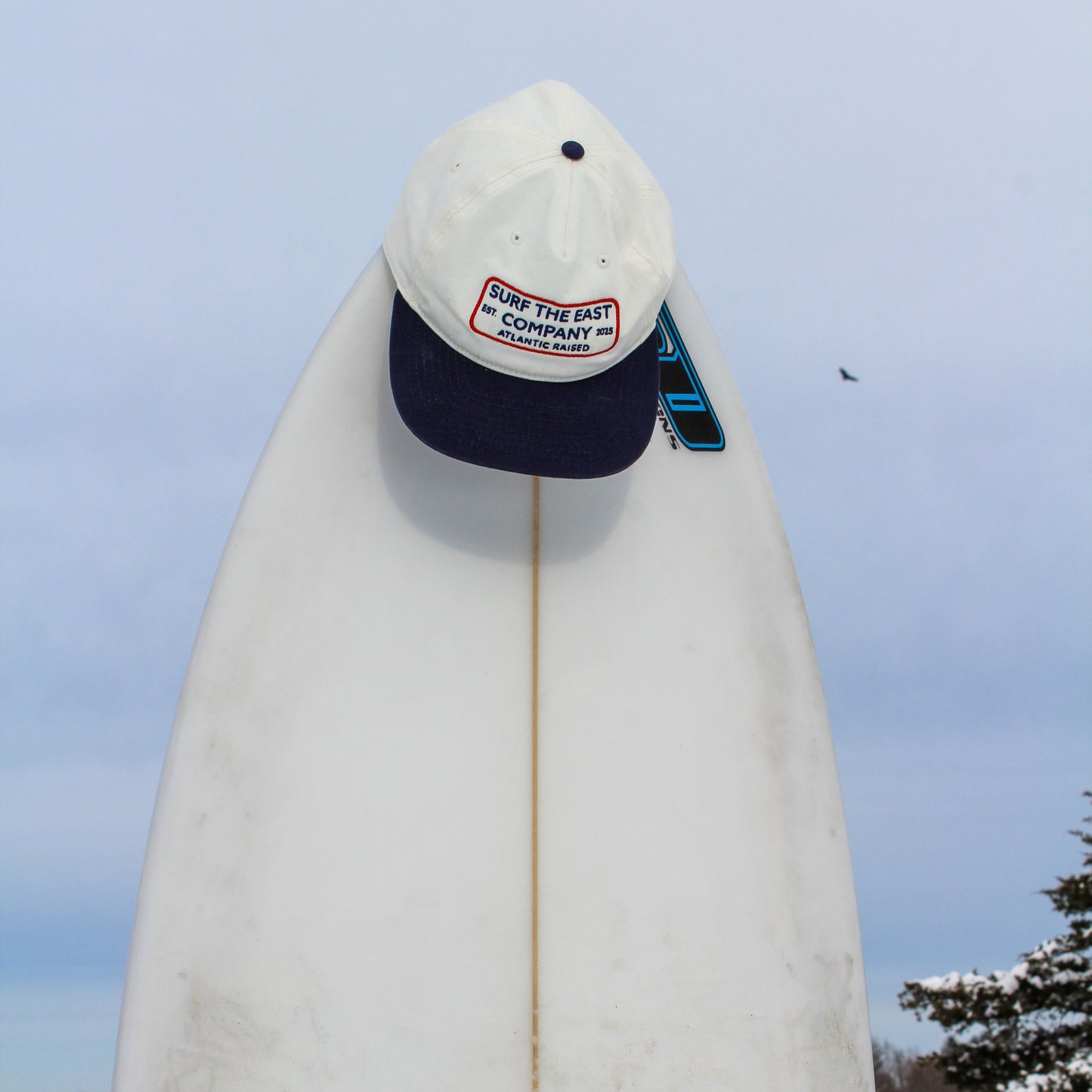 A white and navy blue cap with Surf the East Company, Atlantic Raised embroidered on it sitting on a white surboard.